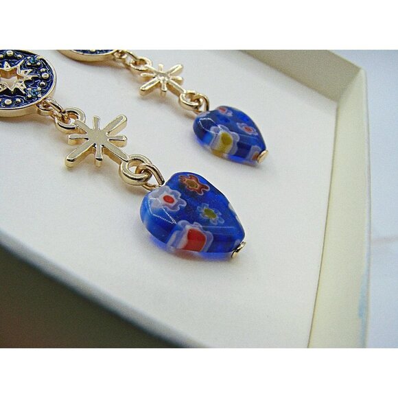 NIB C&C California Blue Gold Moon Stars Glass Beaded Heart Dangle Earrings - Picture 6 of 11